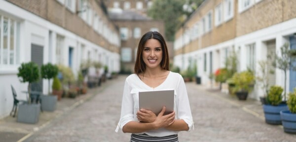 Woman estate agent looking at mews houses in London