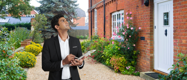 Image shows a surveyor holding a clipboard and pen whilst inspecting a house.