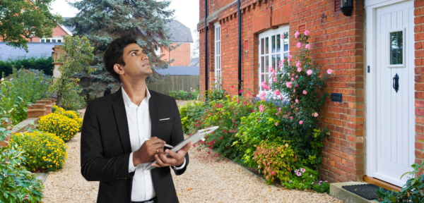 Image shows a surveyor holding a clipboard and pen whilst inspecting a house.