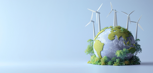 Image depicting Net Zero 2050 with a picture of the Earth and wind turbines.